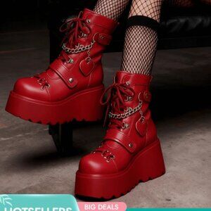 Womens Goth Ankle Boots Platform Chunky High Heel Lace Up Zipper Round Toe Comba